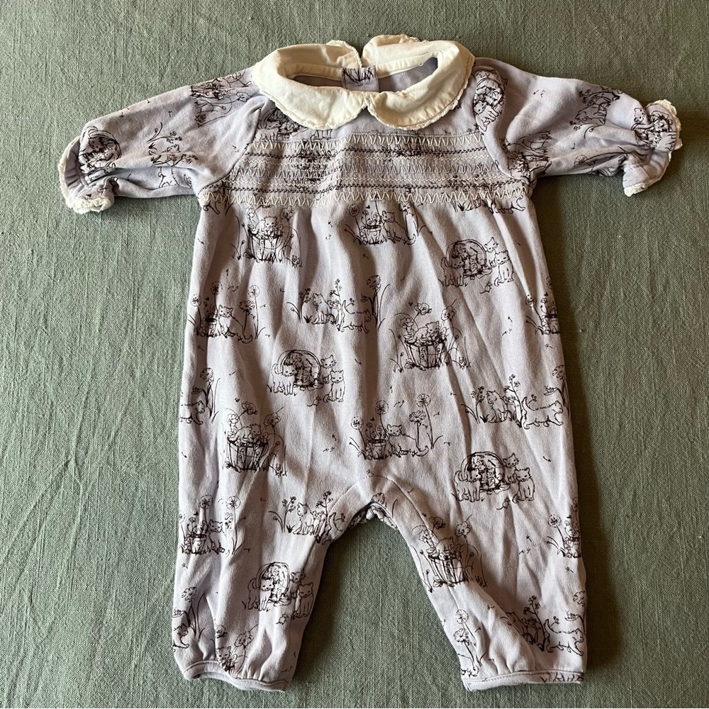 Janie and Jack Layette Purple Kitten Collared Long Sleeve One Piece